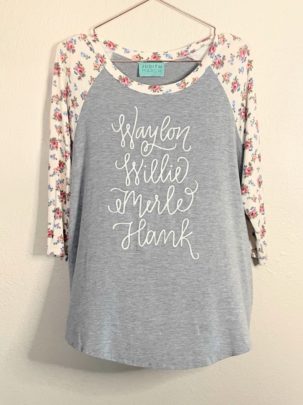 Judith March Waylon Willie Merle Hank Floral Raglan Tee Large